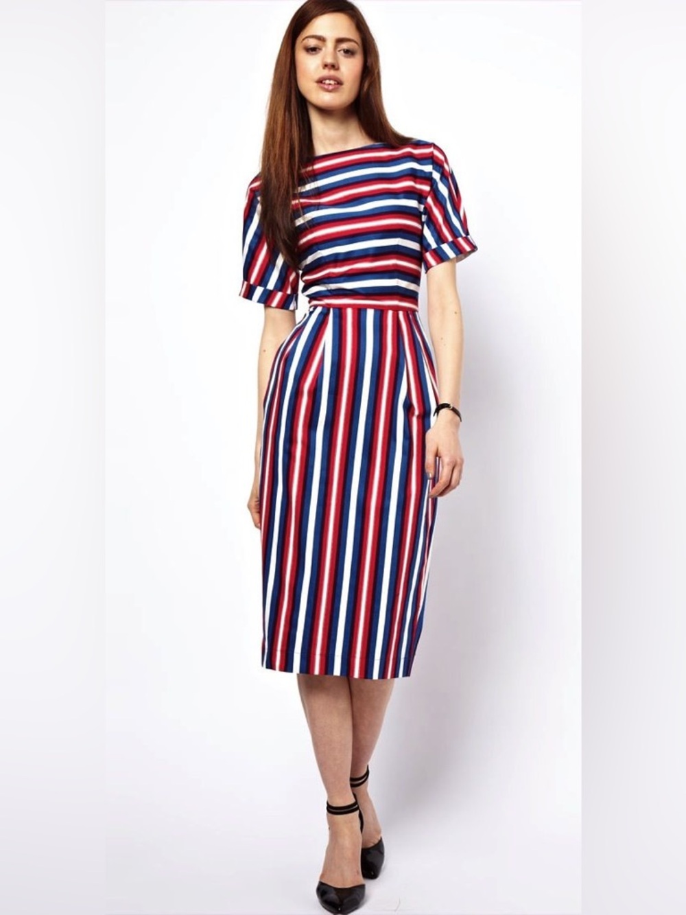 ASOS Patriotic Red White Blue Wiggle Fitted Midi Striped Dress US6